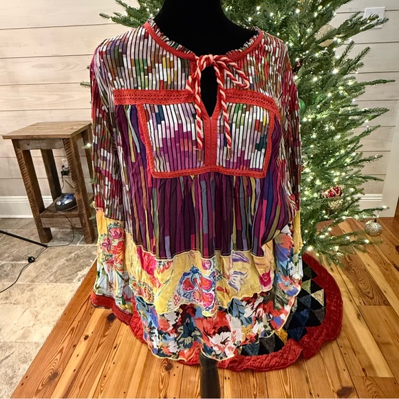 John Mark Tunic Top 1X  Artsy Boho Oversized Flowy Floral Patch - Picture 3 of 15